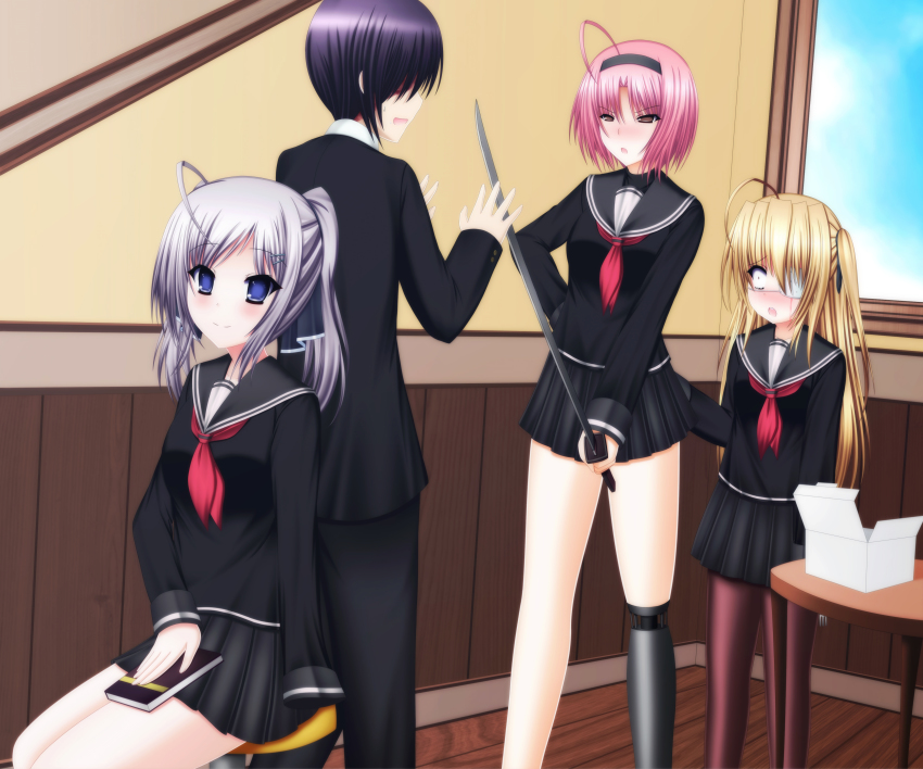 1boy, 3girls, absurdres, amputee, blonde_hair, blue_eyes, brown_eyes, empty_sleeve, eyepatch, highres, multiple_girls, pink_hair, ponytail, prosthesis, purple_hair, school_uniform, silver_hair, smile, sword, weapon