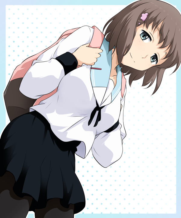 10s, 1girl, backpack, bag, bioroid_hei, black_pantyhose, black_skirt, blue_border, blue_eyes, border, brown_hair, female_focus, from_below, hair_ornament, half-closed_eyes, holding_strap, light_smile, long_sleeves, looking_at_viewer, outside_border, pantyhose, relife, sailor_collar, school_uniform, skirt, solo, tamarai_honoka