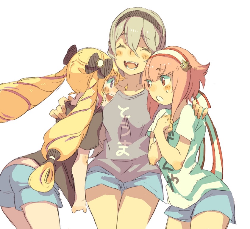 3girls, aisutabetao, blonde_hair, blush, casual, clothes_writing, female_corrin_(fire_emblem), elise_(fire_emblem)