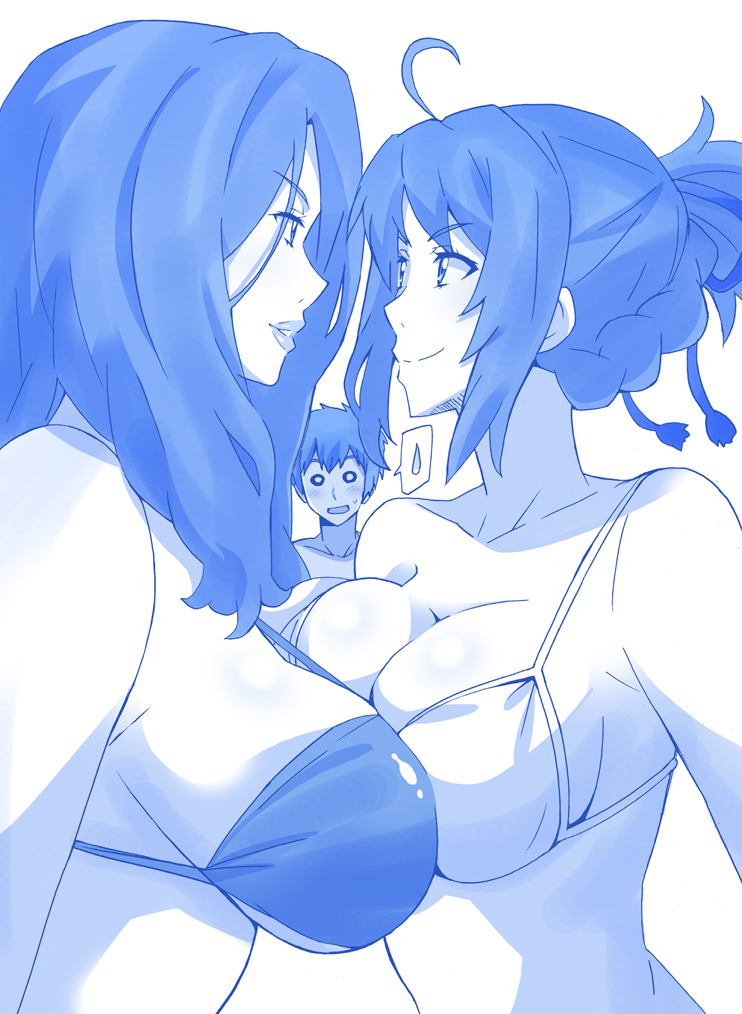 1boy, 2girls, @_@, ahoge, asymmetrical_docking, bare_shoulders, bikini, black_bikini