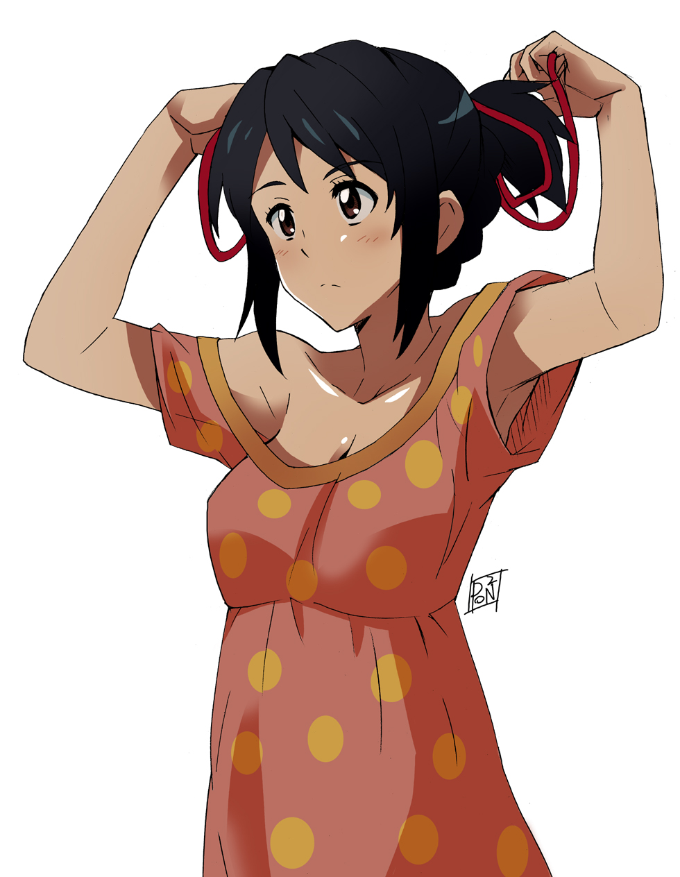10s, 1girl, anime_coloring, armpits, arms_up, artist_name, bare_shoulders, black_hair