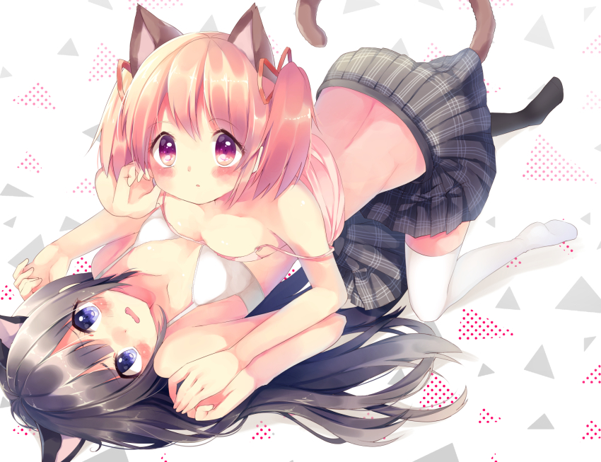 10s, 2girls, akemi_homura, animal_ears, asymmetrical_docking, black_hair, black_pantyhose, black_skirt