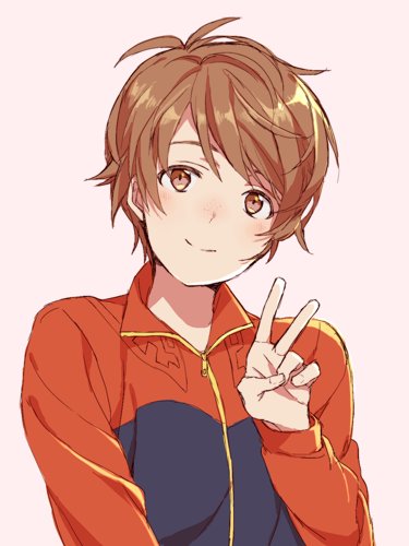 10s, 1boy, bad_id, bad_twitter_id, brown_eyes, brown_hair, chagama-chan, jacket, ji_guang-hong, lowres, male_focus, matching_hair/eyes, short_hair, simple_background, smile, solo, tan_background, track_jacket, upper_body, v, yuri!!!_on_ice