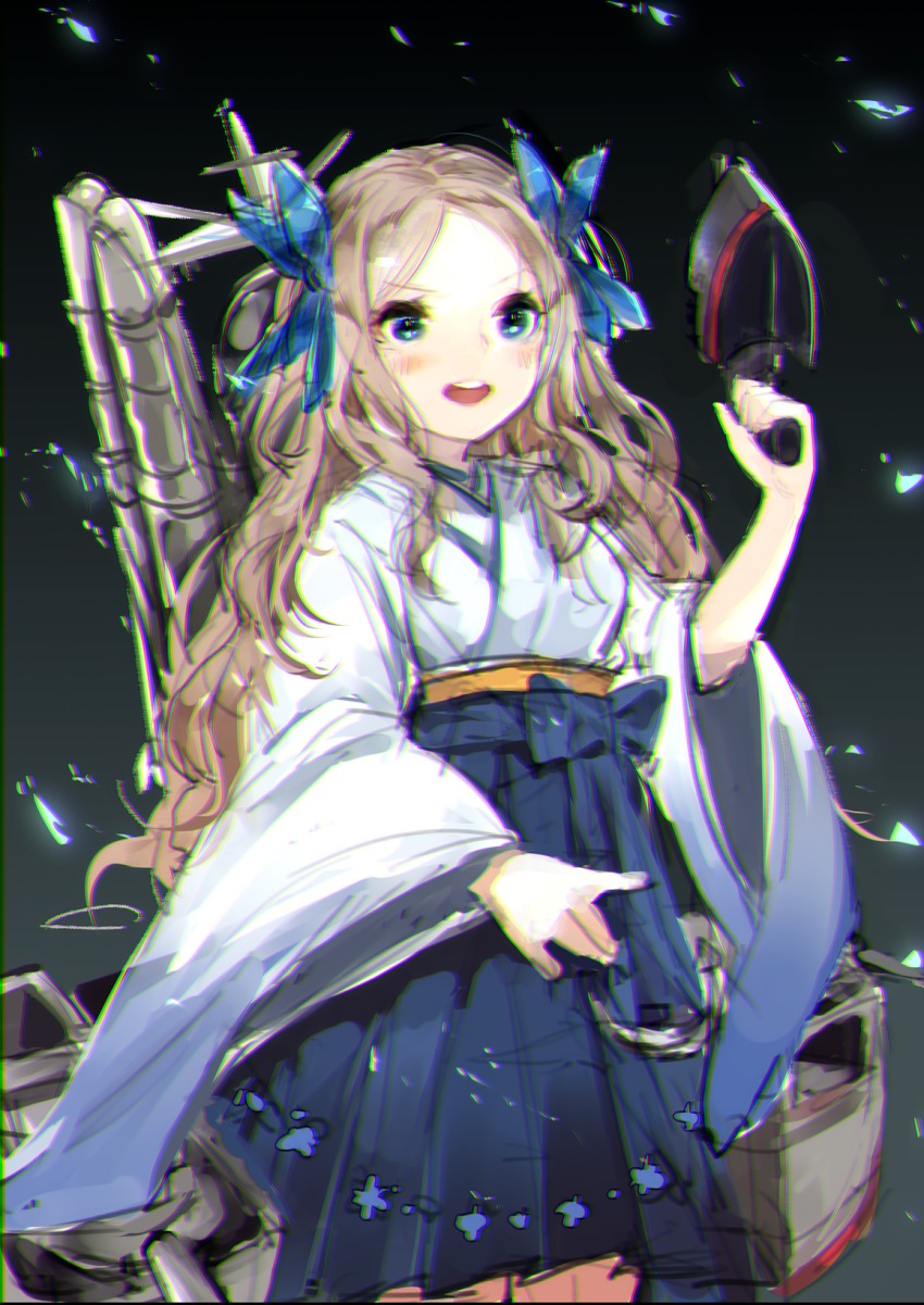 10s, 1girl, asakaze_(kancolle), blue_bow, blue_eyes, bow, brown_hair, cannon