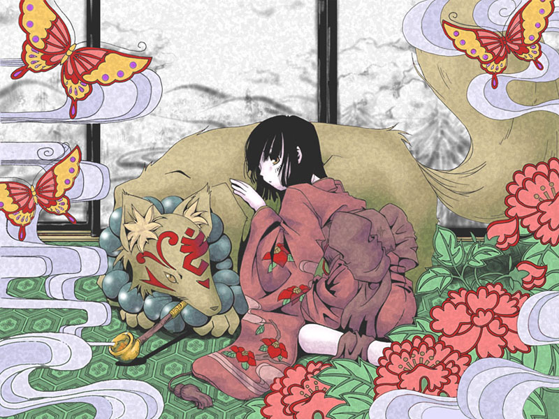 00s, 1girl, animal_ears, bug, butterfly, fox, fox_ears, fox_tail, hanairi_kikkou, hexagon, honeycomb_pattern, insect, japanese_clothes, kimono, kiseru, kitsune_nakata_taruto, ribbon, smoke, smoking, smoking_pipe, smoking_pipe_in_mouth, tail, tattoo, xxxholic