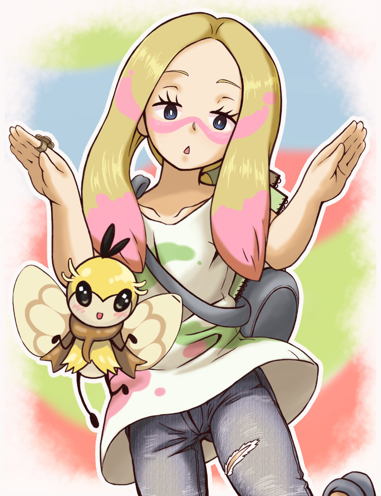 1girl, :d, :o, alternate_eye_color, bag, blonde_hair, blue_eyes, blush, breasts, chestnut_mouth, collarbone, denim, facepaint, facial_mark, floating, gen_7_pokemon, hands_up, jeans, jewelry, leg_lift, long_hair, looking_at_viewer, mina_(pokemon), multicolored_hair, nintendo, notebook, open_mouth, otonashi_shizuko, outline, oversized_clothes, oversized_shirt, pants, pink_hair, pokemon, pokemon_(creature), pokemon_sun_and_moon, ribombee, ring, scarf, shirt, sidelocks, small_breasts, smile, standing, standing_on_one_leg, torn_clothes, torn_jeans, torn_pants, trial_captain, two-tone_hair, white_shirt