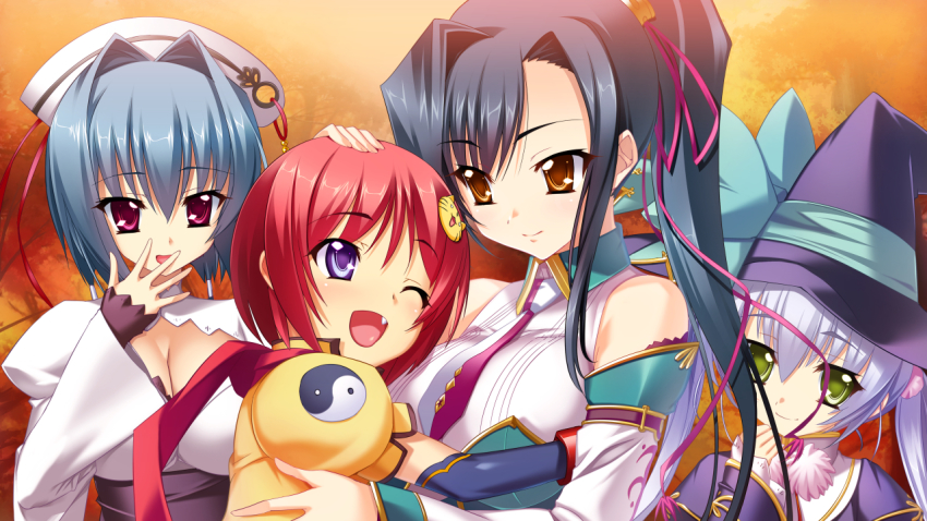 4girls, :d, ;d, animal_print, aqua_bow, autumn, bare_shoulders, behind_another
