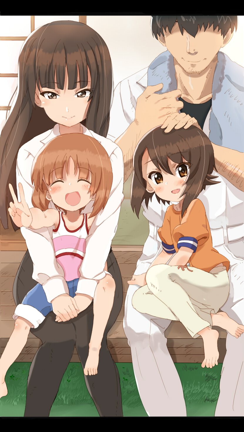 10s, 1boy, 3girls, aged_down, barefoot, black_hair, blunt_bangs, brown_eyes
