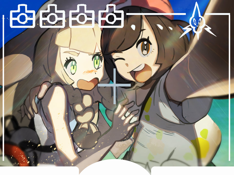 2girls, beanie, black_eyes, black_hair, blonde_hair, blush, braid, dress, gen_4_pokemon, green_eyes, hat, lillie_(pokemon), long_hair, looking_at_viewer, multiple_girls, nintendo, pokemon, pokemon_(creature), pokemon_sun_and_moon, reaching, reaching_towards_viewer, red_hat, rotom, rotom_(normal), seimannu, selene_(pokemon), selfie, shirt, short_sleeves, sun_hat, tied_shirt, twin_braids, viewfinder, white_dress, white_hat, yuri