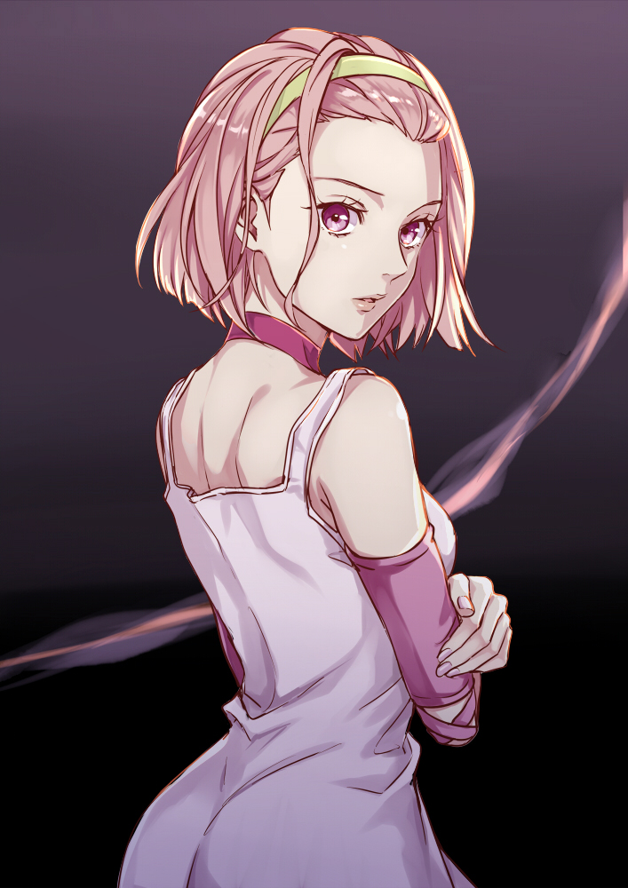 1girl, arm_warmers, ass, breasts, choker, crossed_arms, dress, female_focus