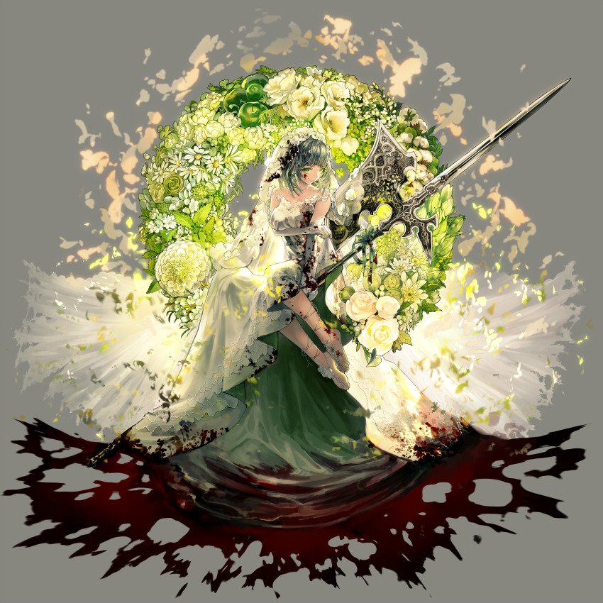 1girl, absurdres, barefoot, blood, blood_on_clothes, blood_on_face, bridal_gauntlets, bridal_veil