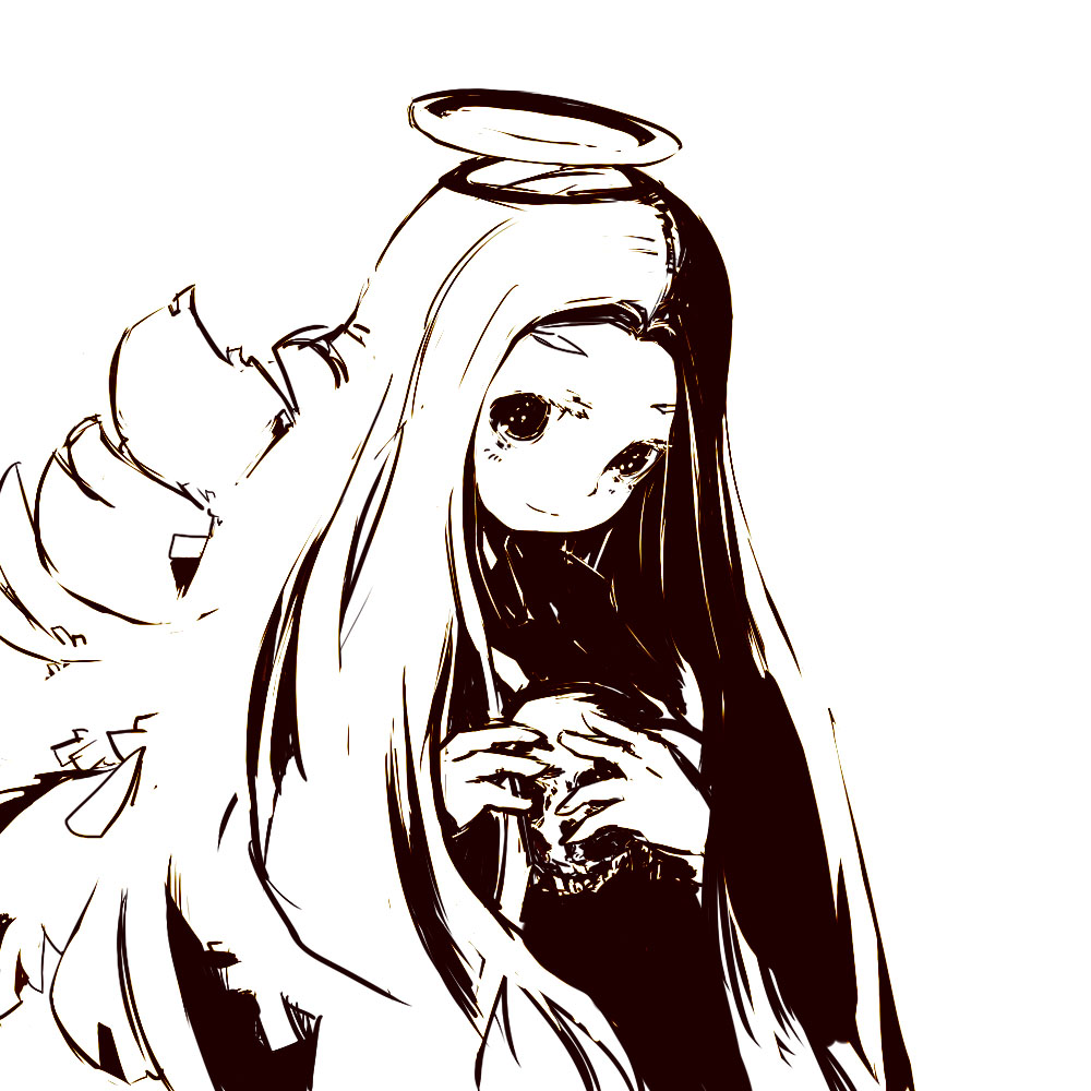 1girl, brown_theme, female_focus, halo, long_hair, monochrome, nekotei, nekotewi