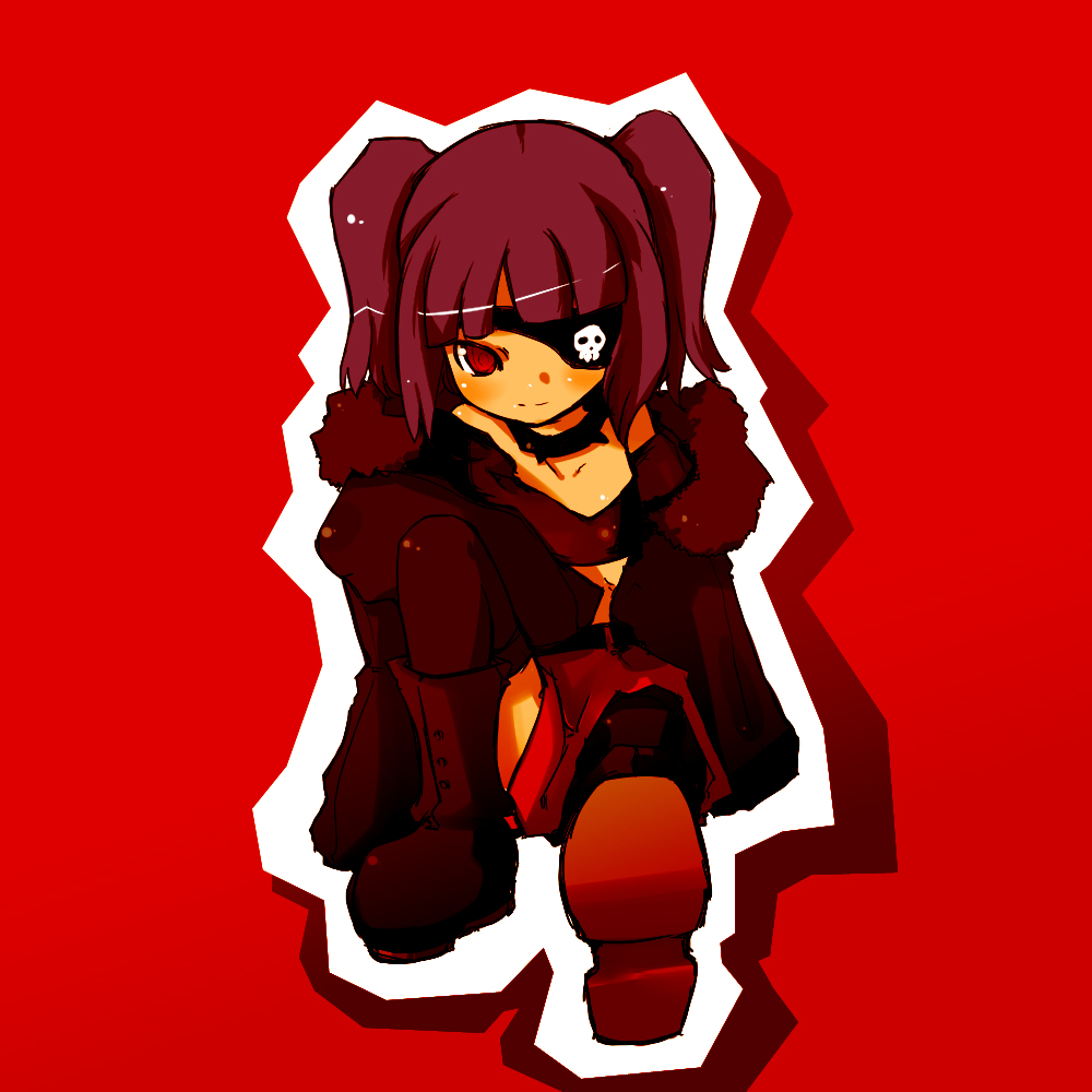 black_boots, boots, eyepatch, nekotei, nekotewi, purple_hair, red_eyes, sitting