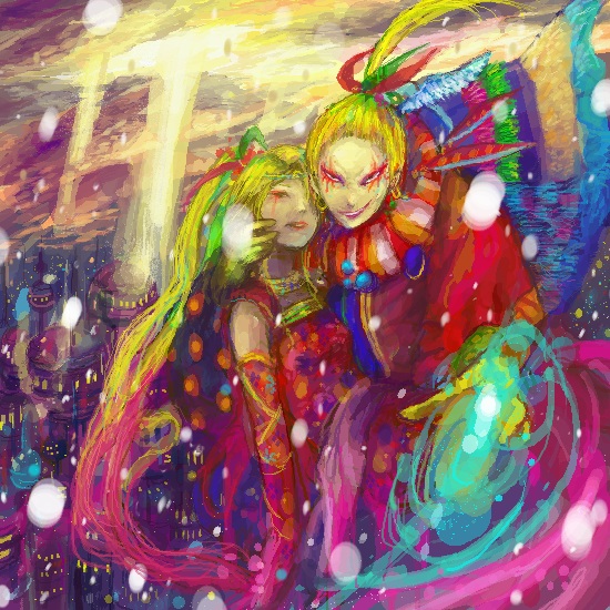 1990s_(style), 1boy, 1girl, blonde_hair, cefca_palazzo, closed_mouth, dress, closed_eyes, final_fantasy, final_fantasy_vi, hetero, hug, lips, long_hair, long_sleeves, looking_at_viewer, md5_mismatch, open_mouth, ponytail, red_dress, red_eyes, rinne_(maxbeat), tina_branford, very_long_hair