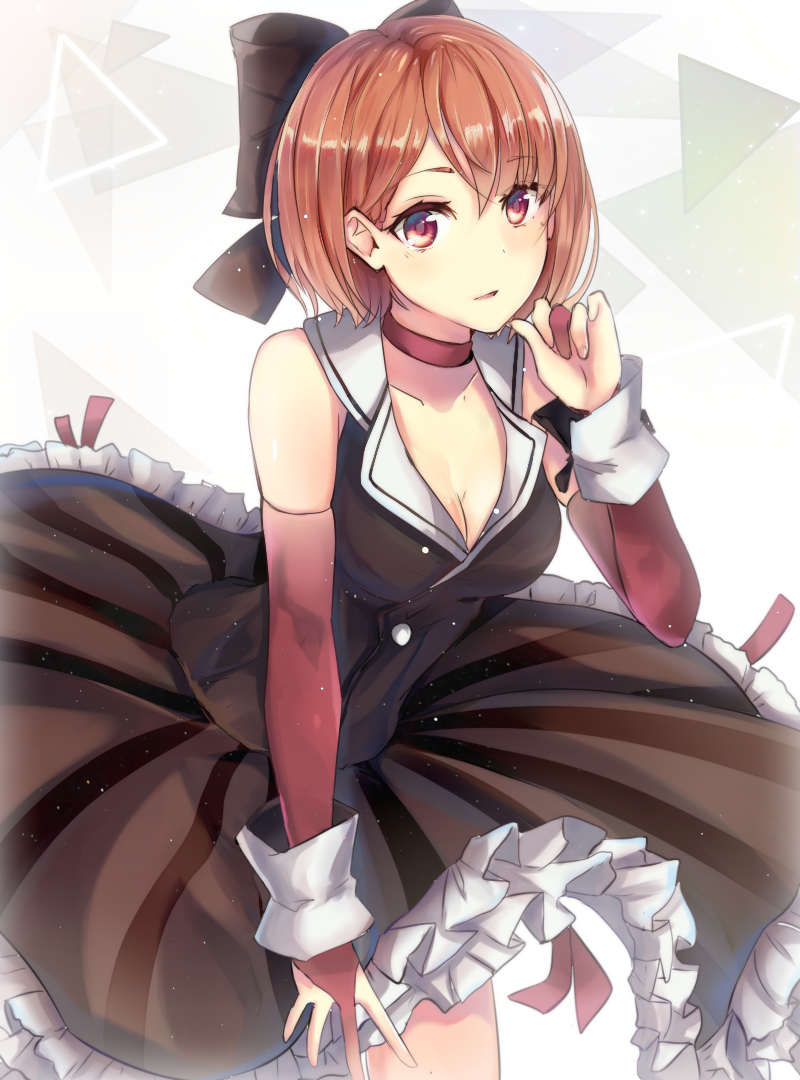 1girl, breasts, brown_eyes, brown_hair, choker, collarbone, dress, eyebrows