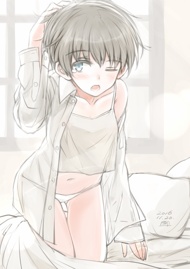 10s, 1girl, babydoll, bare_legs, bare_shoulders, blue_eyes, bun'ya_(0874cirno141), dress_shirt, female_focus, grey_eyes, indoors, jewelry, kantai_collection, navel, no_pants, off_shoulder, one_eye_closed, panties, pillow, ring, shirt, short_hair, sleepy, solo, tears, underwear, waking_up, wedding_band, white_panties, window, z1_leberecht_maass_(kancolle)