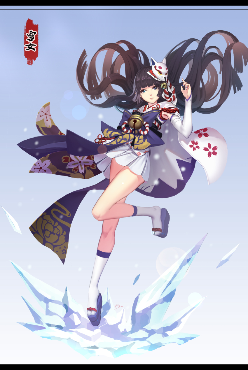 1girl, absurdres, bell, black_hair, blue_eyes, blue_nails, bow, character_name