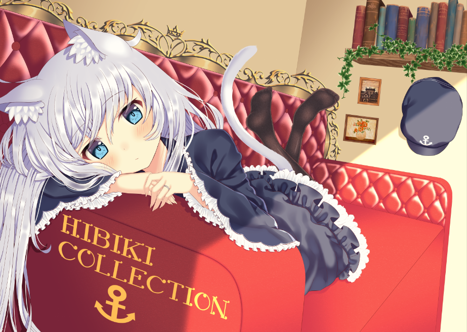 10s, 1girl, anchor_symbol, animal_ears, black_thighhighs, blue_eyes, blush, book