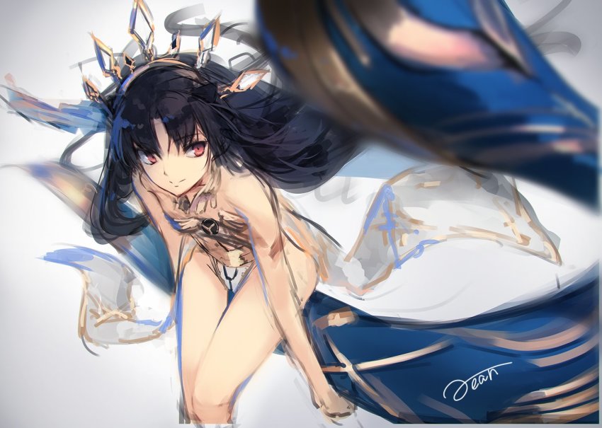 1girl, arm_at_side, artist_name, bad_id, bad_twitter_id, banner, bare_arms, bare_legs, bare_shoulders, black_hair, black_ribbon, blurry, chain, closed_mouth, collar, collarbone, crown, depth_of_field, fate/grand_order, fate_(series), female_focus, flat_chest, floating_hair, from_above, gem, grey_background, hair_ribbon, ishtar_(fate), ishtar_(first_ascension)_(fate), jewelry, leaning, leaning_forward, legs, leotard, long_hair, looking_to_the_side, neck_ring, parted_bangs, pelvic_curtain, rean_(r_ean), red_eyes, revealing_clothes, ribbon, side_slit, simple_background, sitting, sketch, smile, solo, strapless, thigh_gap, tiara, tohsaka_rin, two_side_up, type-moon, very_long_hair, wind, wind_lift