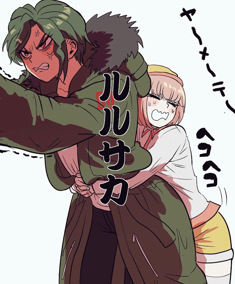 10s, 1boy, 1girl, ando_ruruka, anger_vein, bob_cut, coat, danganronpa_(series)