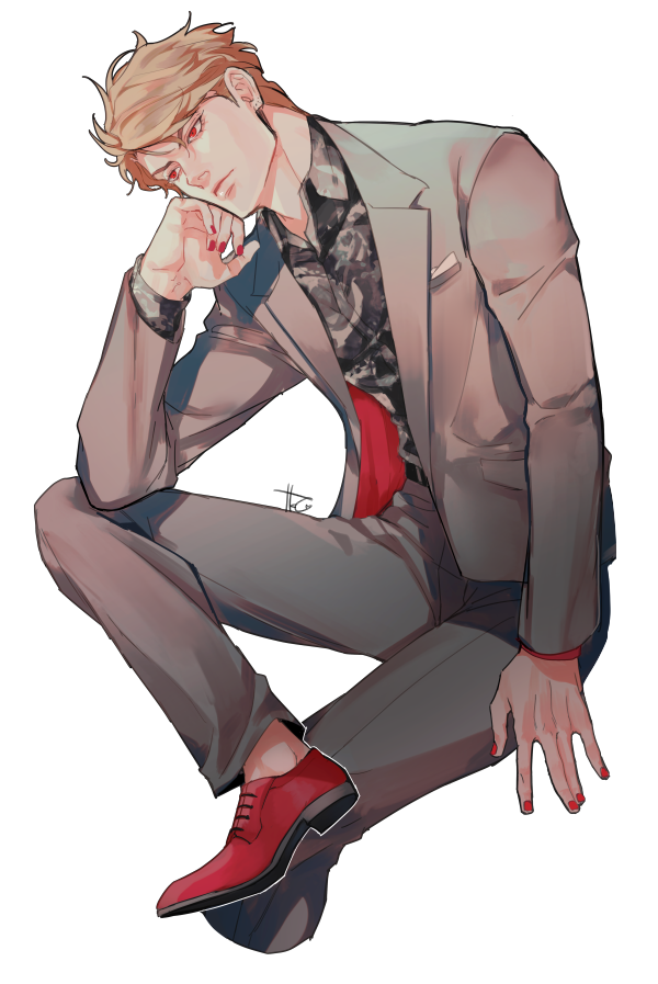 1boy, blonde_hair, crossed_legs, dio_brando, elbow_rest, head_rest, jacket, jojo_no_kimyou_na_bouken