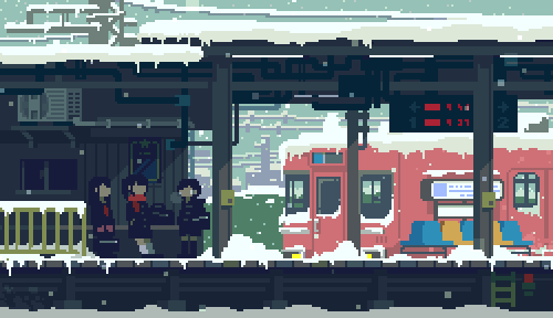3girls, animated, animated_gif, bag, black_hair, black_socks, breath, buttons, coat, day, faceless, holding, holding_bag, kneehighs, long_hair, lowres, multiple_girls, multiple_unit_train, nagoya_railroad, orange_scarf, original, outdoors, pixel_art, railing, scarf, school_bag, short_hair, snow, snowing, socks, thighhighs, toyoi_yuuta, train, train_station, train_station_platform, white_legwear, winter, zettai_ryouiki