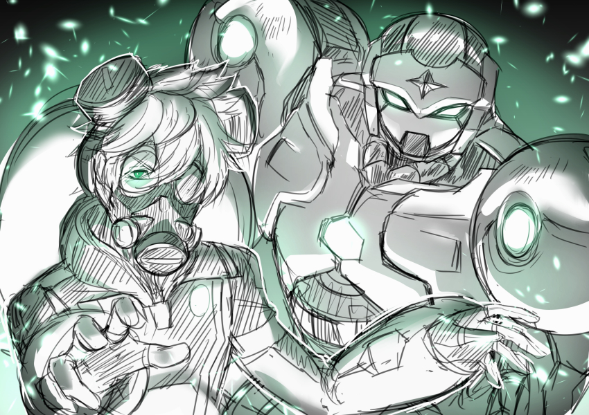 10s, 2boys, acidmond, armor, bad_id, bad_pixiv_id, color_connection, fingerless_gloves, gloves, glowing, green_eyes, helmet, highres, hood, kamui_(show_by_rock!!), looking_at_viewer, male_focus, monochrome, multiple_boys, omutsu_(shina94), short_hair, show_by_rock!!, spot_color, upper_body