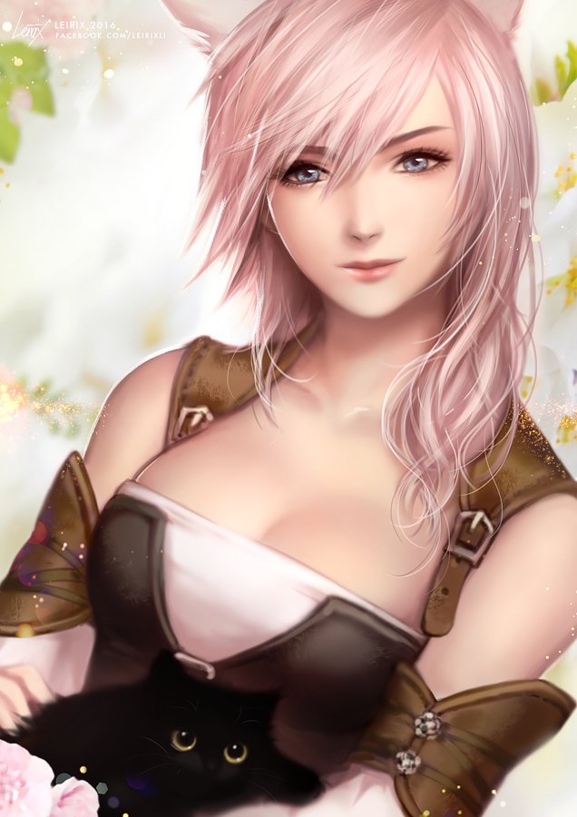 1girl, animal, animal_ears, breasts, cat, cat_ears, cleavage, cosplay, detached_sleeves, final_fantasy, final_fantasy_xiii, final_fantasy_xiv, leirix, lightning_farron, lightning_returns:_final_fantasy_xiii, looking_at_viewer, medium_breasts, miqo'te, miqo'te_(cosplay), pink_hair, smile, upper_body