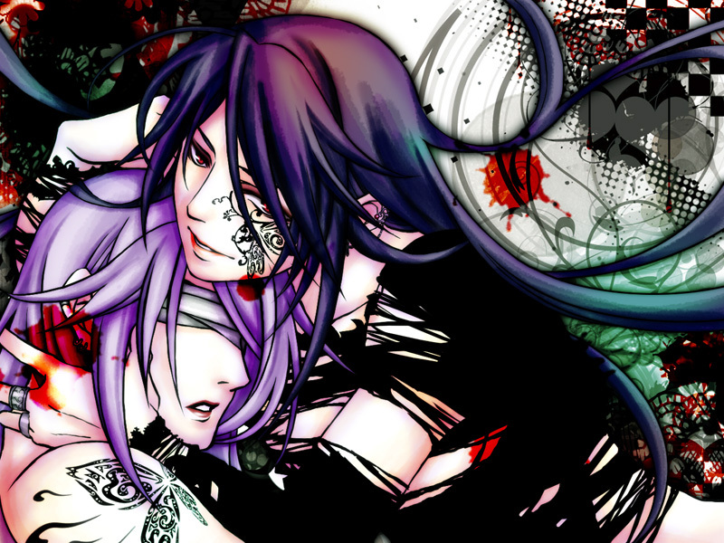2boys, black_hair, blindfold, blood, kamui_gakupo, long_hair, male_focus, mizuki_ryou_(holic)