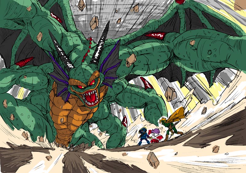 1980s_(style), 1girl, 2boys, battle, chunsoft, demon, dragon_quest, dragon_quest_ii