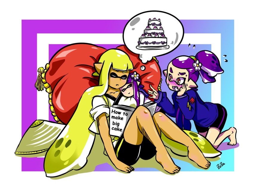 1boy, 2girls, ajirogasa, artist_name, barefoot, beauty_(zoza), bike_shorts, black_shorts