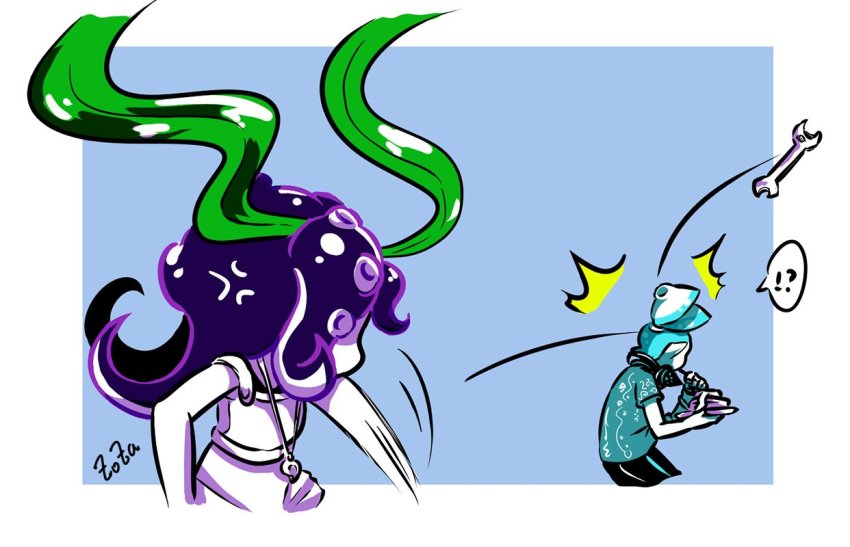 !?, 1boy, 1girl, ^^^, anger_vein, aqua_hair, armor, artist_name