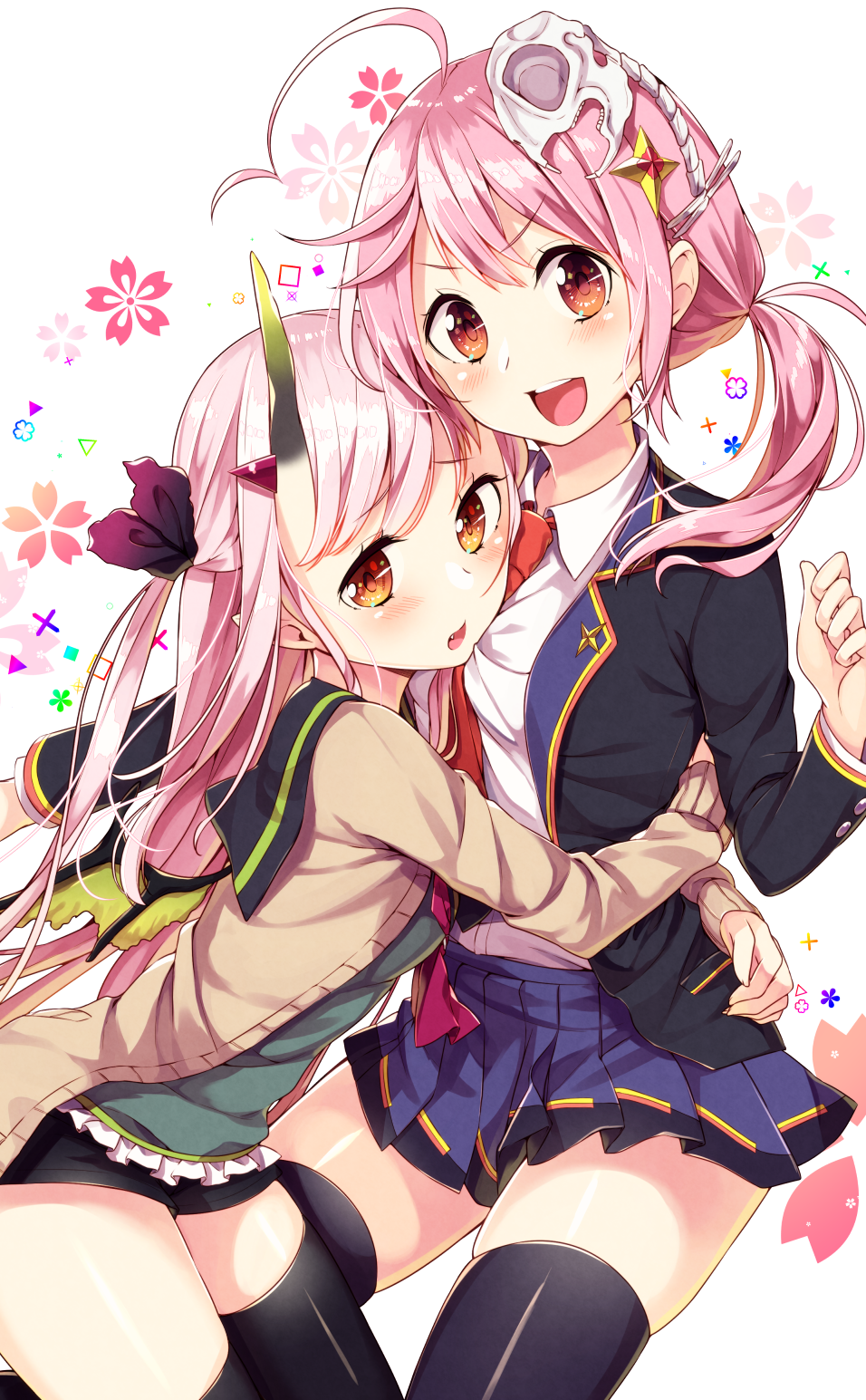 >:d, 2girls, :d, ahoge, bad_id, bad_pixiv_id, black_legwear, blazer