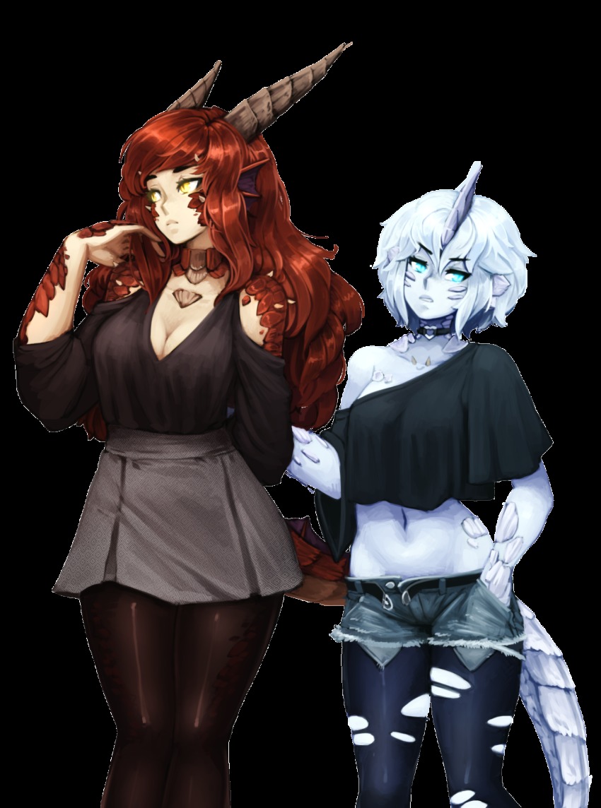2girls, arm_behind_back, barbariank, bare_shoulders, belt, black_legwear, blue_eyes, blue_skin, breasts, brown_legwear, choker, cleavage, colored_skin, contemporary, cowboy_shot, cutoffs, dragon_girl, dragon_tail, fins, furrowed_brow, glowing, glowing_eyes, hand_in_pocket, head_fins, highres, holding_hands, horns, large_breasts, long_hair, looking_at_viewer, looking_away, looking_to_the_side, midriff, monster_girl, multiple_girls, navel, open_belt, original, pantyhose, personification, red_dragon_(d&amp;d), red_hair, scales, short_hair, short_shorts, shorts, silver_hair, single_horn, skirt, slit_pupils, tail, torn_clothes, torn_legwear, transparent_background, wavy_hair, white_dragon_(d&amp;d), yellow_eyes