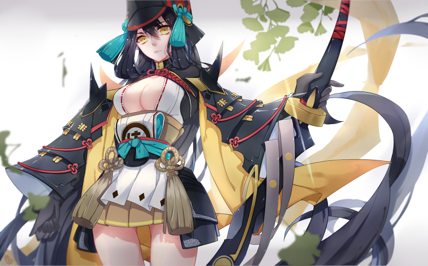 1girl, absurdly_long_hair, armor, black_gloves, black_hair, bow_(weapon), breasts, cleavage