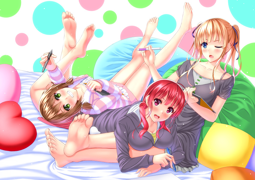 3girls, :d, absurdres, ahoge, barefoot, blonde_hair, blue_eyes, blush