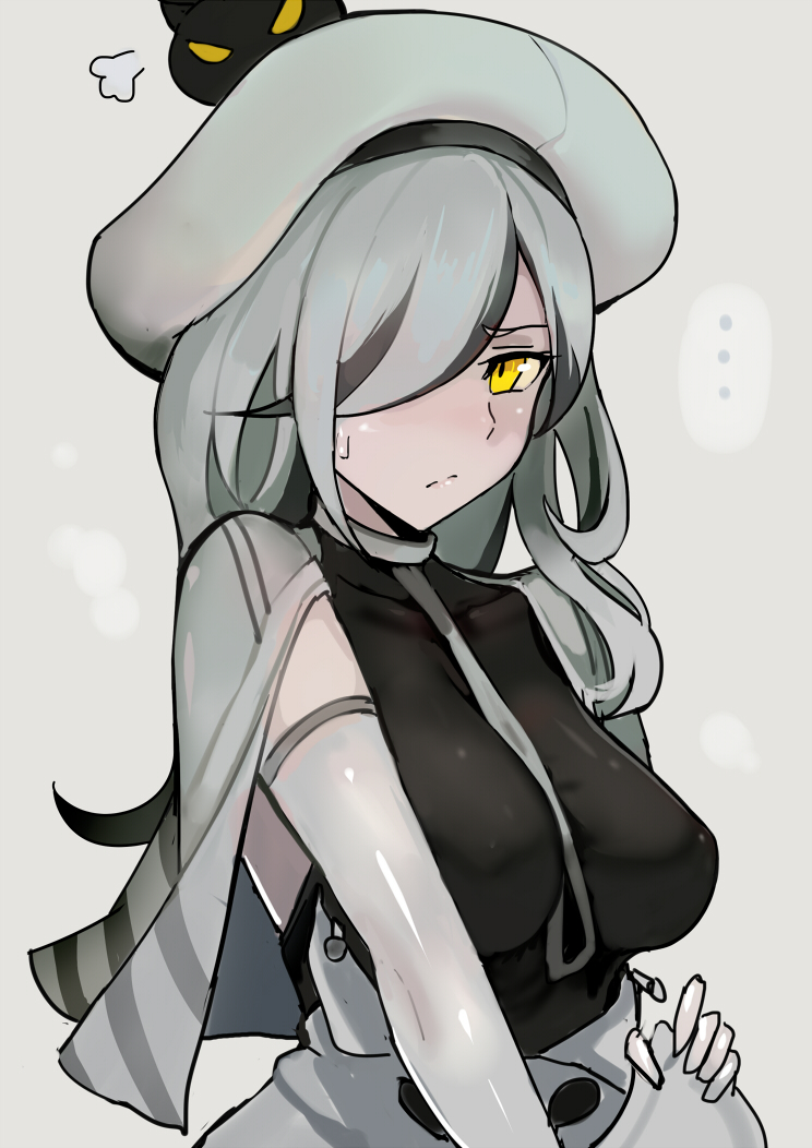 ..., 10s, 1girl, abyssal_ship, beret, blush, breasts, capelet, colored_skin, embarrassed, female_focus, from_side, hair_ornament, hair_over_one_eye, hat, kantai_collection, long_hair, looking_at_viewer, medium_breasts, seaplane_tender_water_princess, solo, spoken_ellipsis, upper_body, walzrj, white_hair, white_hat, white_skin, yellow_eyes