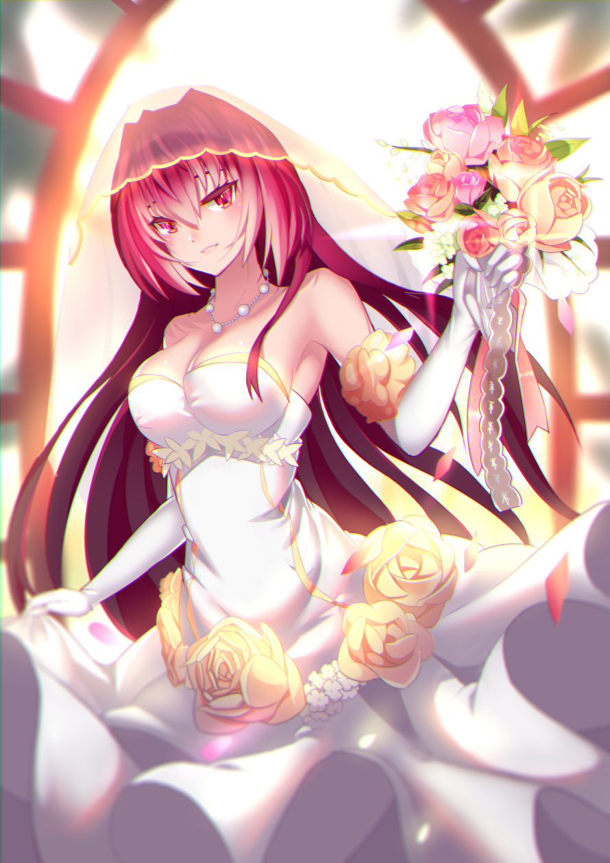 1girl, bare_shoulders, bridal_veil, bride, dress, fate/grand_order, fate_(series), female_focus, flower, gloves, highres, jewelry, jiuling, long_hair, necklace, red_eyes, red_hair, rose, scathach_(fate), solo, strapless, strapless_dress, veil, wedding, wedding_dress, white_dress
