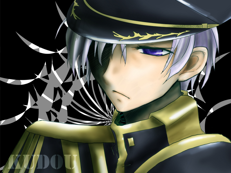 00s, 07-ghost, 1boy, :/, ayanami_(07-ghost), black_background, hat, kudou_(wil0830s)