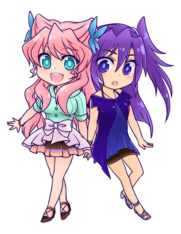 10s, 2girls, blue_hair, chibi, gachimatsu, holding_hands, kazanari_tsubasa, maria_cadenzavna_eve