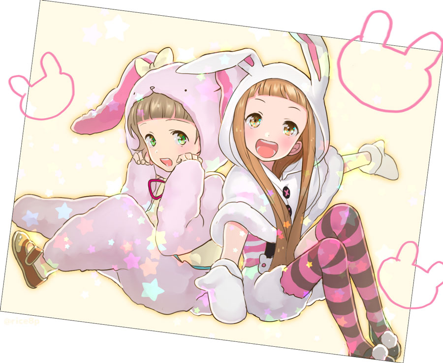 10s, 1boy, 1girl, animal_costume, animal_hood, bad_id, bad_pixiv_id, blush, bow, brown_eyes, brown_hair, cosplay, costume_switch, full_body, green_eyes, himeno_kanon, himeno_kanon_(cosplay), hood, ichihara_nina, ichihara_nina_(cosplay), idolmaster, idolmaster_cinderella_girls, idolmaster_side-m, kigurumi, long_hair, mittens, open_mouth, pantyhose, purple_pantyhose, rabbit_costume, rabbit_hood, rice_(rice8p), smile, striped_clothes, striped_pantyhose