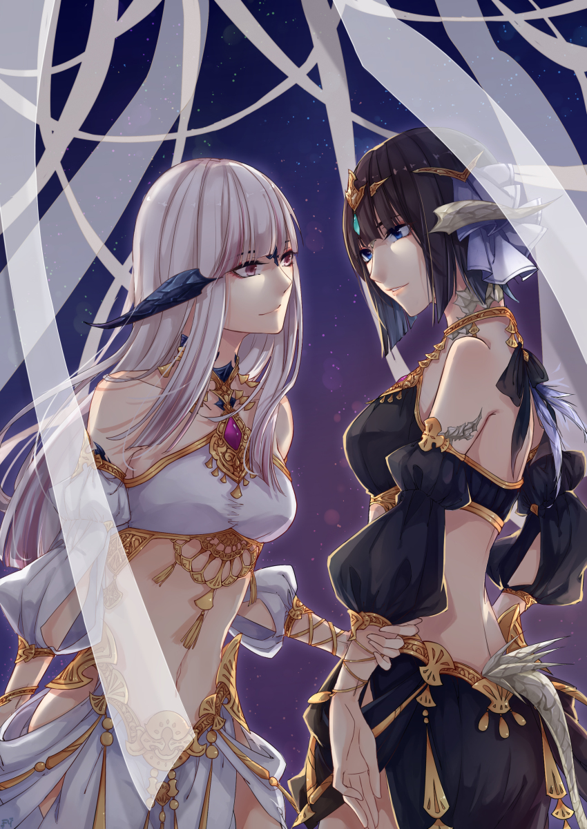 10s, 2girls, absurdres, arm_grab, au_ra, black_hair, blue_eyes, final_fantasy, final_fantasy_xiv, fy_fei_xiao_ya, gem, gold, hair_ornament, highres, long_hair, looking_at_another, midriff, multiple_girls, red_eyes, smile, tiara, warrior_of_light_(ff14), white_hair
