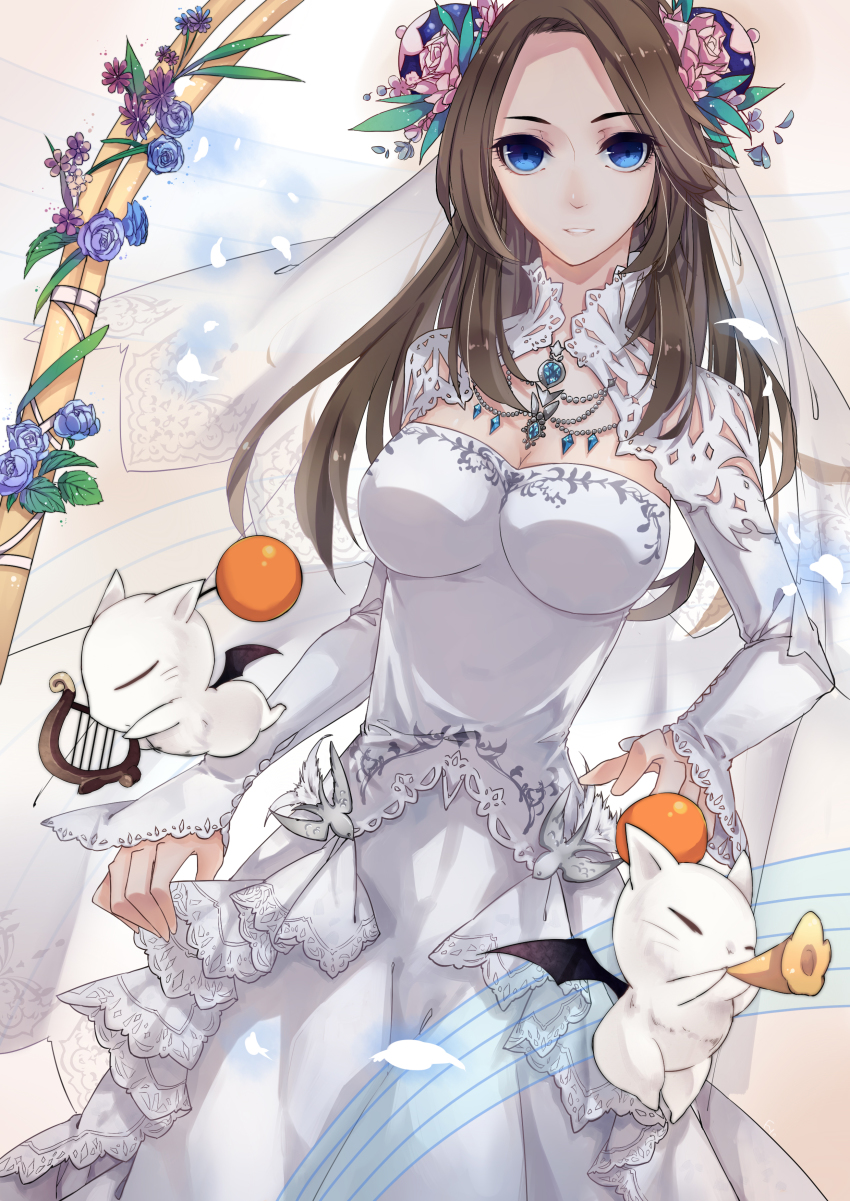 10s, 1girl, absurdres, blue_eyes, blue_flower, blue_rose, breasts, brown_hair, chibi, daisy_(flower), dress, female_focus, final_fantasy, final_fantasy_xiv, flower, fy_fei_xiao_ya, hair_flower, hair_ornament, harp, highres, horns, hyur, instrument, jewelry, long_hair, looking_at_viewer, medium_breasts, moogle, necklace, parted_lips, pink_flower, pink_rose, rose, single_horn, solo, warrior_of_light_(ff14), wedding_dress