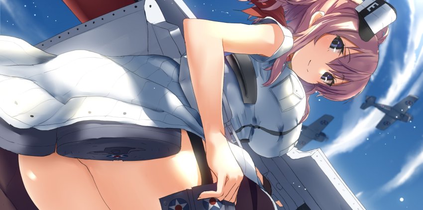 10s, 1girl, aircraft, airplane, armpit_peek, ass, blouse, blue_eyes, breasts, brown_hair, day, drum_magazine, eyebrows, f4f_wildcat, female_focus, flight_deck, from_below, funnel_(tool), garter_straps, hair_between_eyes, highres, kantai_collection, large_breasts, looking_at_viewer, magazine_(weapon), military, military_vehicle, neckerchief, pocket, propeller_fighter, red_neckerchief, saratoga_(kancolle), shiny_skin, shirt, short_sleeves, sky, smile, solo, tsuuhan, white_shirt