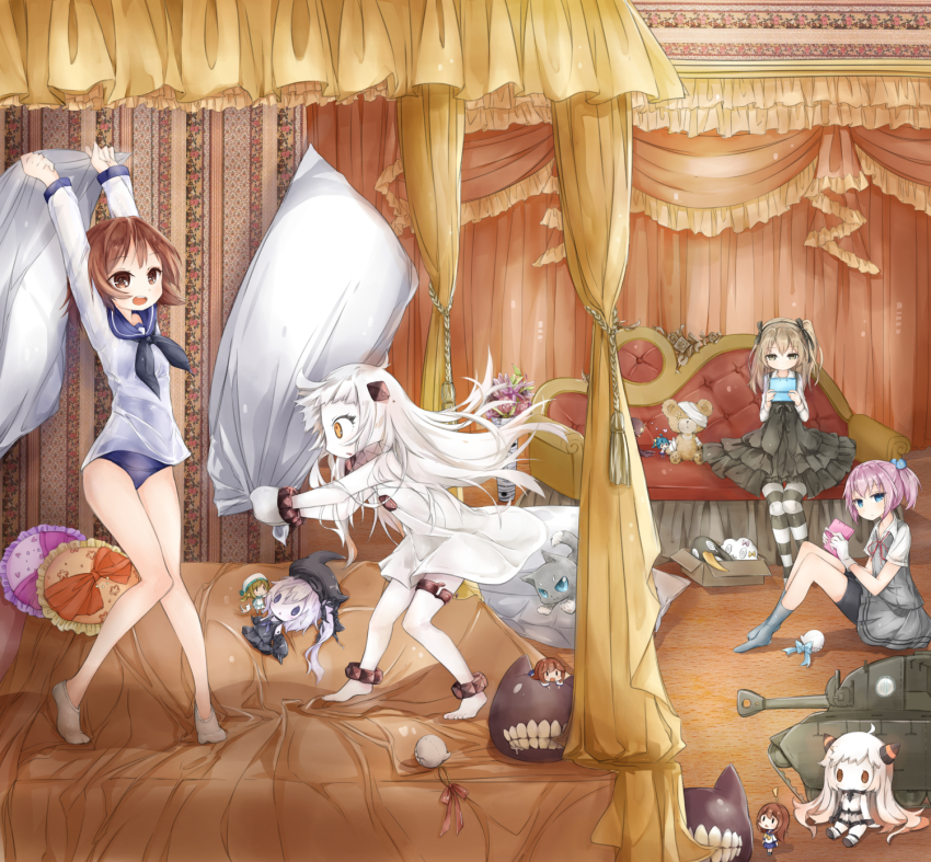 10cm_twin_high-angle_gun_mount, 10s, 12.7cm_twin_gun_mount, 6+girls, 61cm_quadruple_(oxygen)_torpedo_mount, :d, abyssal_ship, ahoge