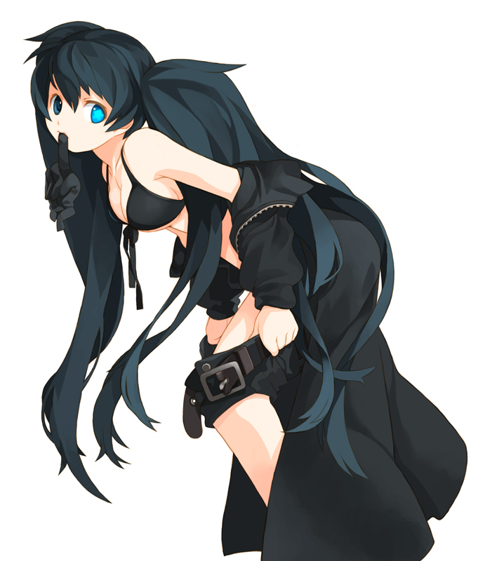 10s, 1girl, black_hair, black_rock_shooter, black_rock_shooter_(character), blue_eyes, bra, breasts