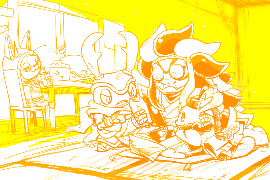 10s, animal_ears, rabbit_ears, chair, cup, cushion, disposable_cup, drinking_straw, helmet, indoors, kabukiroid, kuwanobushi, mintperil, monochrome, sitting, spacesuit, tablet_pc, usapyon, wasurenbou, yellow_theme, traditional_youkai, youkai_pad, youkai_watch, zabuton, zukyukyunta