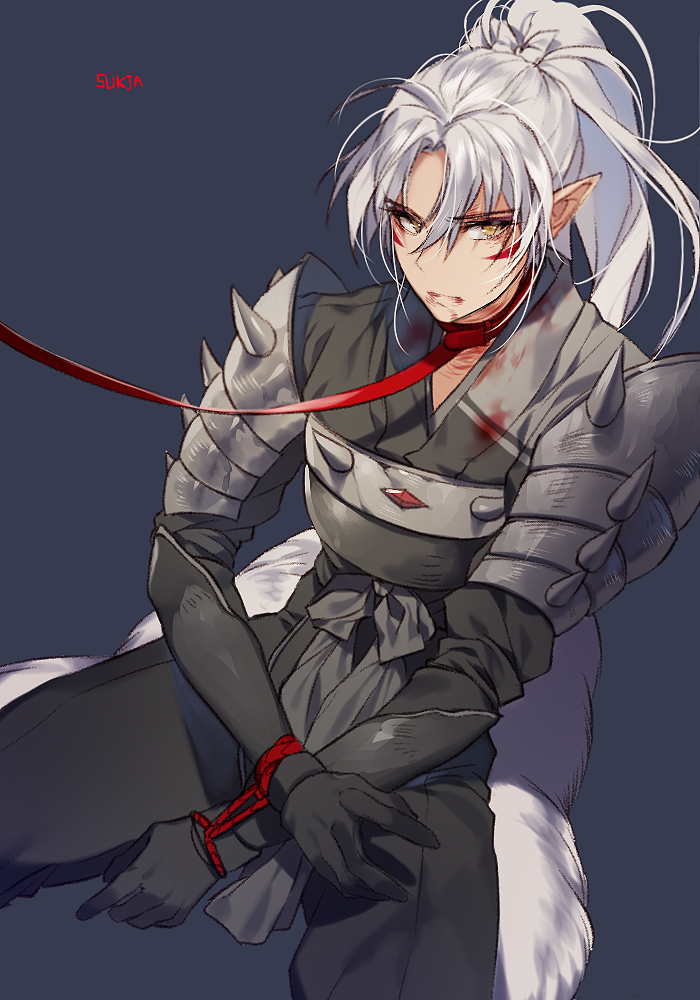 1boy, armor, artist_name, black_gloves, blood, blood_on_face, blood_on_clothes, blue_background