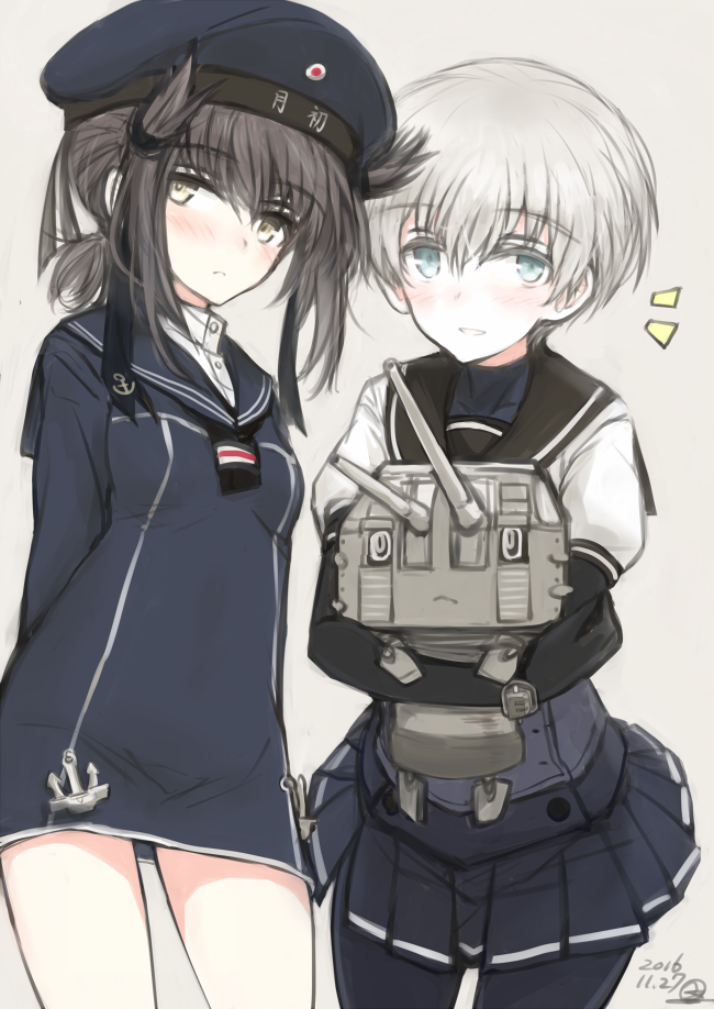 2girls, anchor, anchor_symbol, arms_behind_back, ascot, beret, black_hair, blue_eyes