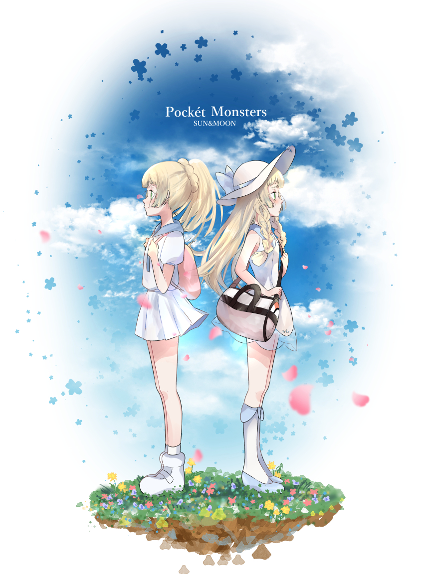 2girls, absurdres, back-to-back, backpack, bag, blonde_hair, boots, braid